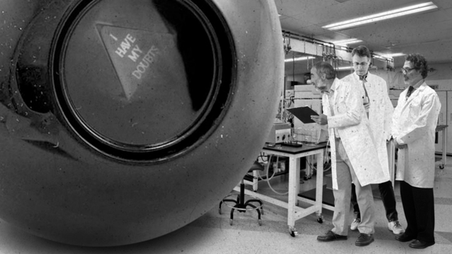 Illustration for article titled How Far We’ve Come: This Incredible Photograph From 1959 Shows What It Was Like When Magic 8 Balls Were So Big They Took Up An Entire Room